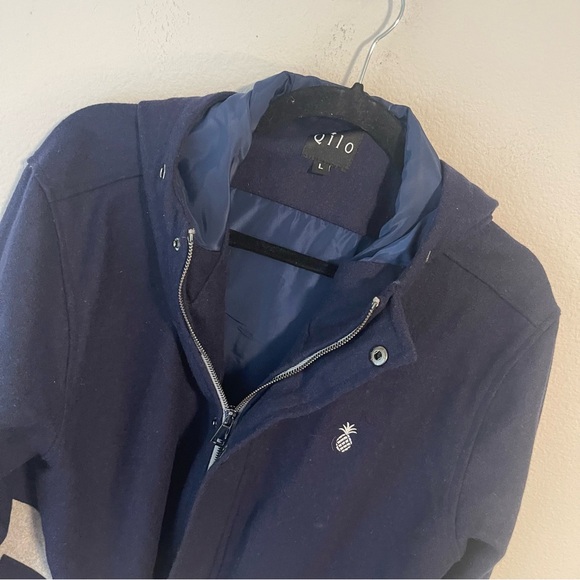 QILO Jacket Mens Two Tone Hooded Wool Navy Blue Gray Full Zip Coat Sz L - Picture 4 of 7